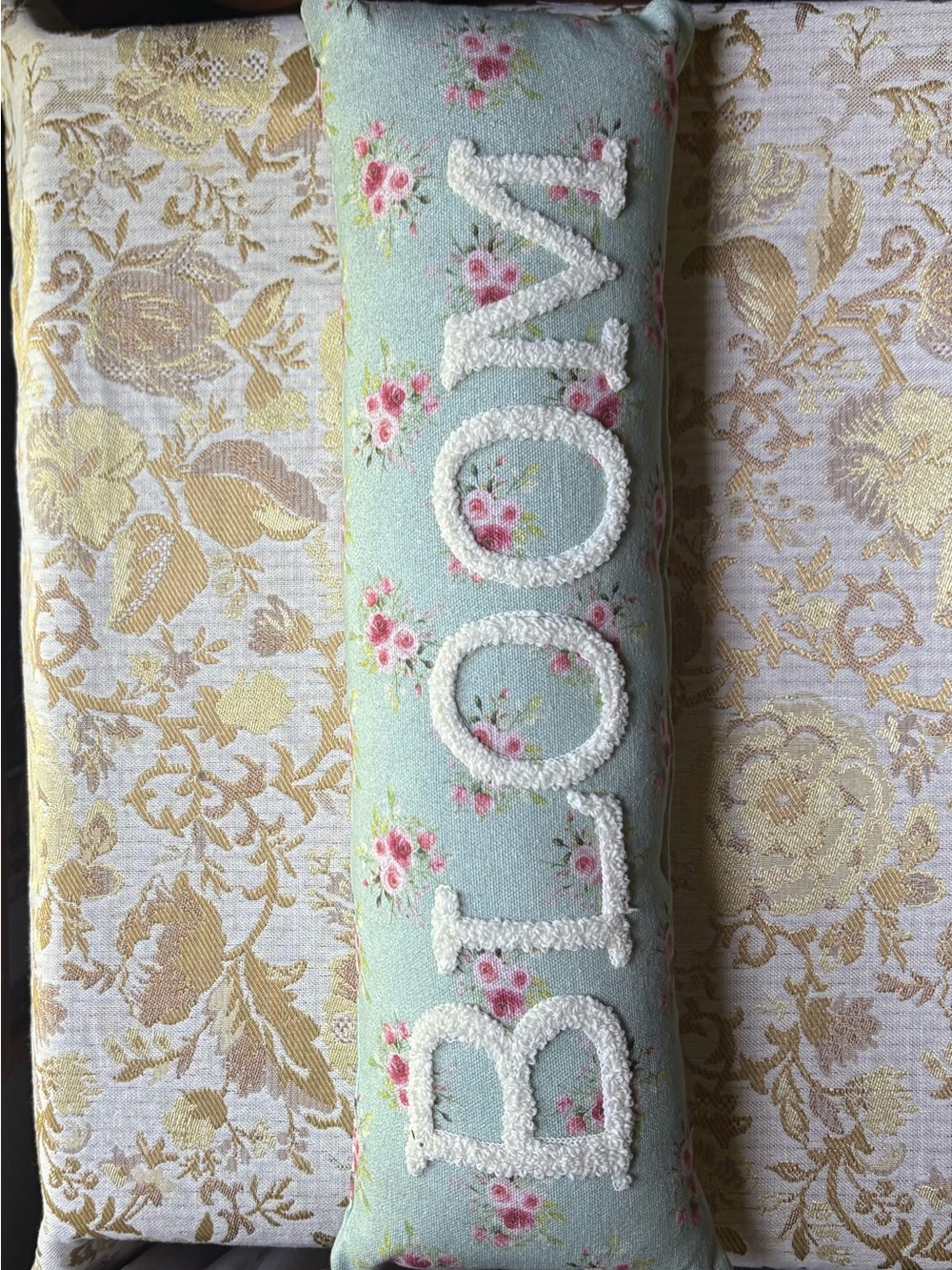 Embroidered 'BLOOM Floral Bolster Pillow - Mint and Pink